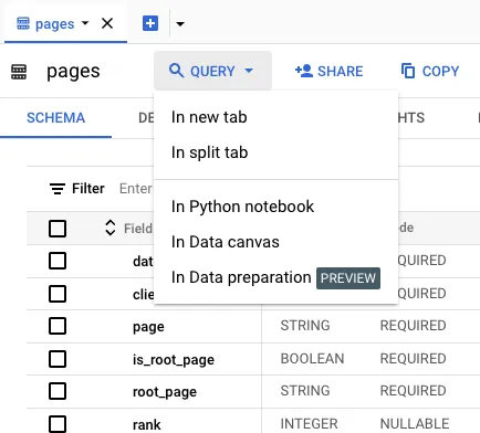 BigQuery Query in a new tab