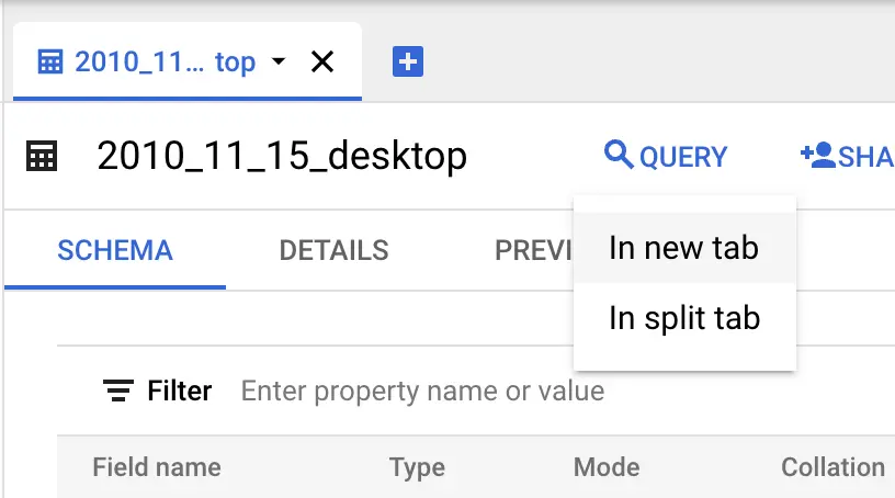 BigQuery Query in a new tab